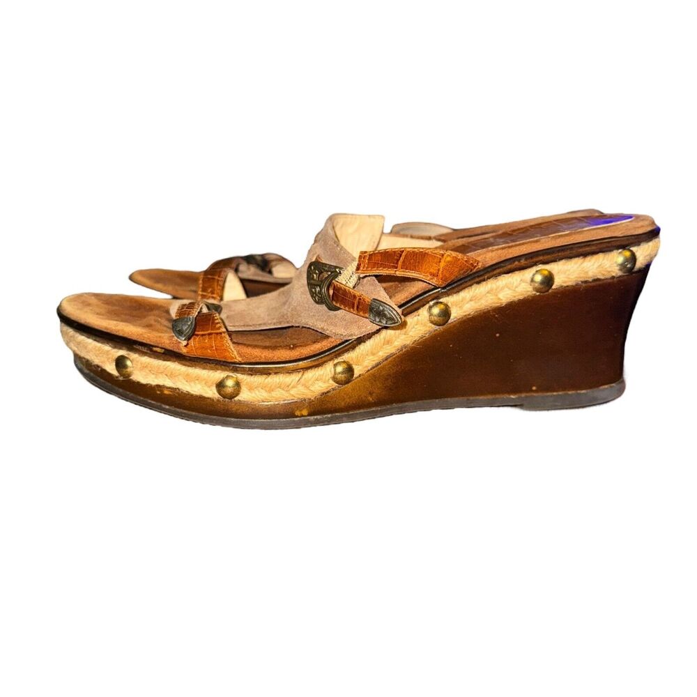 Aquatalia Marvin K Wedge Sandals Size 9 Beige Suede Brown Leather Slip On Shoes